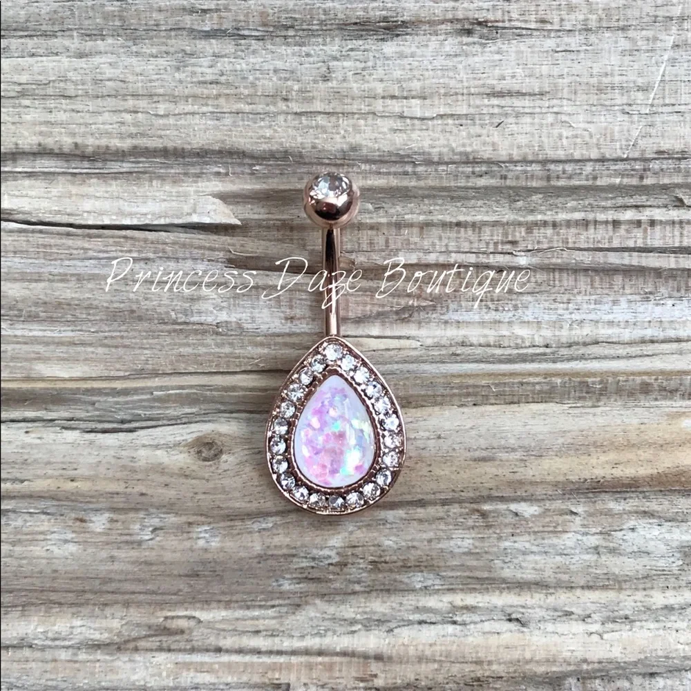 Rose Gold Diamond Opal Teardrop Belly Button‎ Ring